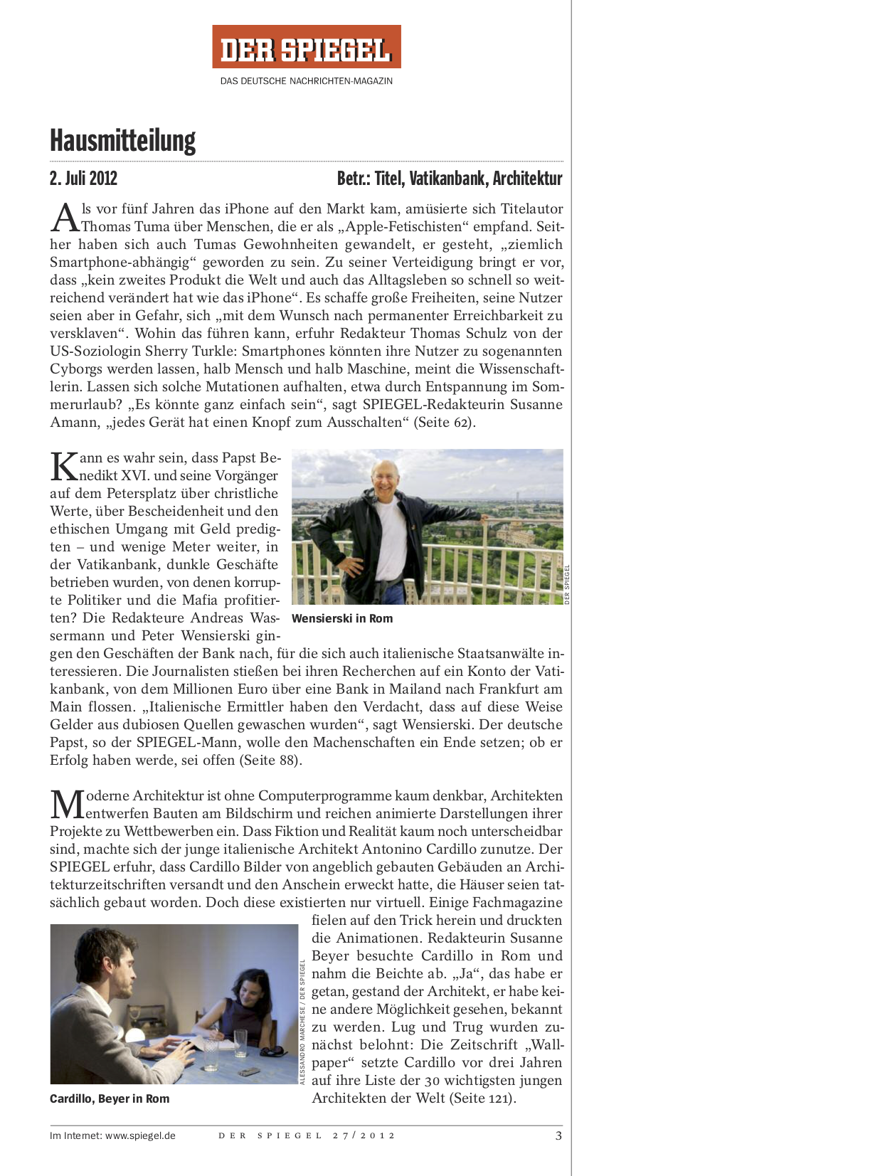 Cardillo, Beyer in Rom Cardillo, Beyer in Rom, Hausmitteilung, Der Spiegel 27/2012.